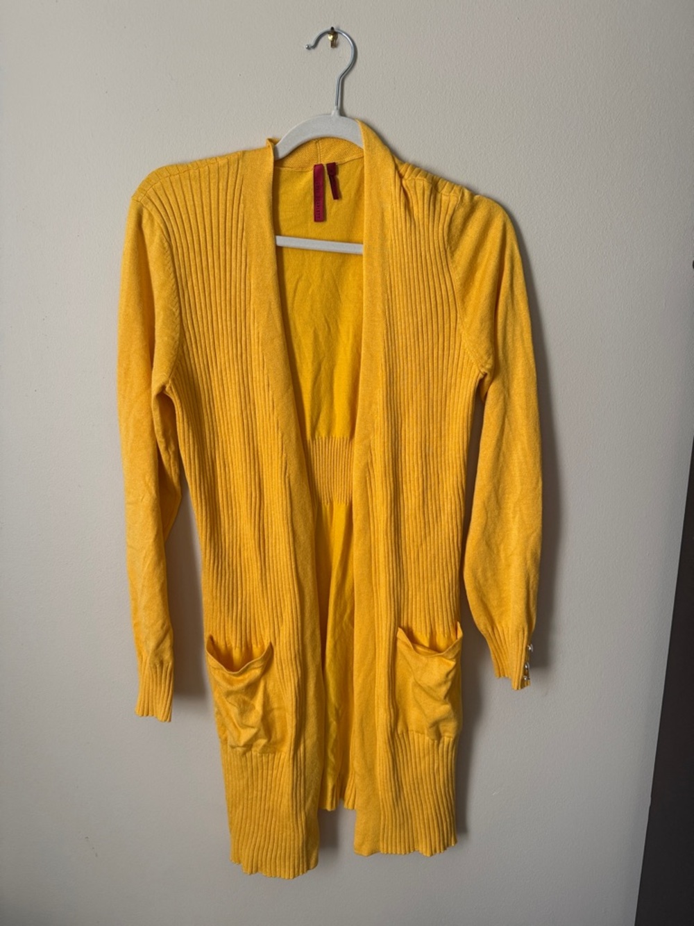 Bright Yellow Ribbed Long Open-Front Cardigan